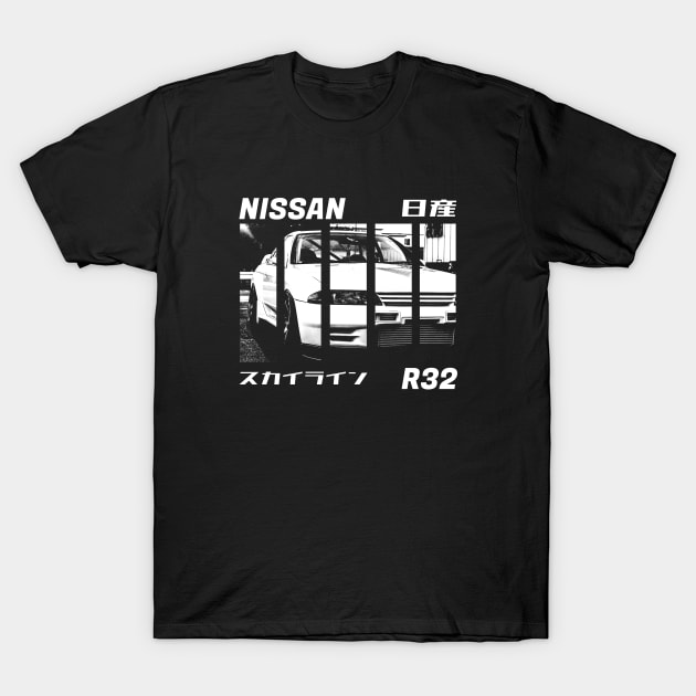 NISSAN SKYLINE GT-R R32 Black 'N White 3 (Black Version) T-Shirt by Cero